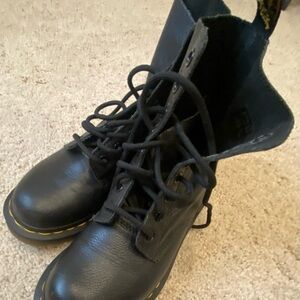 Doc Dr. Martens Black Leather Boots Pascal Yellow Stitching Womens SZ 5.
